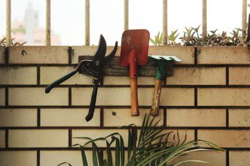 Imagen de varias herramientas para jardinería colgadas de la pared. Imagen representativa del post publicado por Savia Formación haciendo referencia al curso de jardinería AGAO0208.