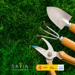 Curso de jardinería gratuito Operaciones Generales de Jardinería (AGAJ004PO) en Savia Formación. Herramientas de jardinería sobre césped verde. Formación subvencionada por SEPE y el Ministerio de Trabajo y Economía Social.