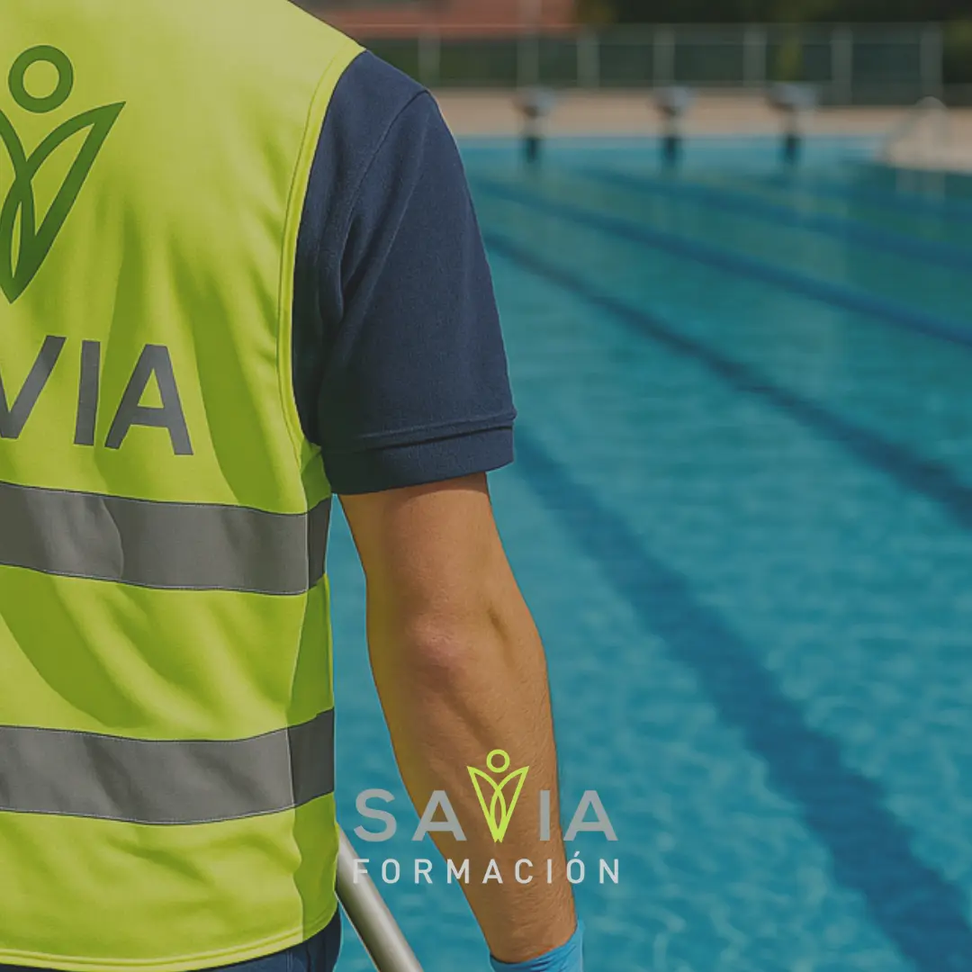 Técnico de mantenimiento de piscinas con chaleco reflectante con el logotipo del centro de formación Savia Formación junto a una piscina. Imagen del curso online de mantenimiento de piscinas e instalaciones acuáticas (SEA757_2).